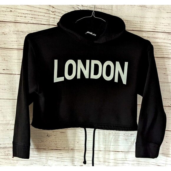 Crop Zara Trafaluc Women Hoodie Sweatshirt London Black Baggy Knit Fleece Size S - Picture 1 of 5